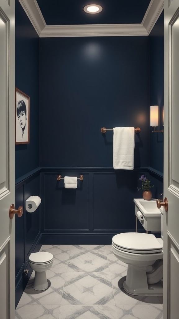 A stylish bathroom featuring rich navy blue walls, white fixtures, and copper accents.