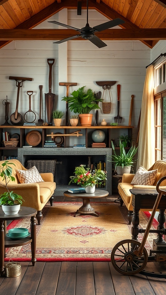 Cozy industrial farmhouse living room with vintage farm tools displayed on shelves.