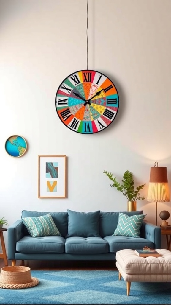 A colorful wall clock with various patterns and colors hanging above a blue couch in a stylish living room.