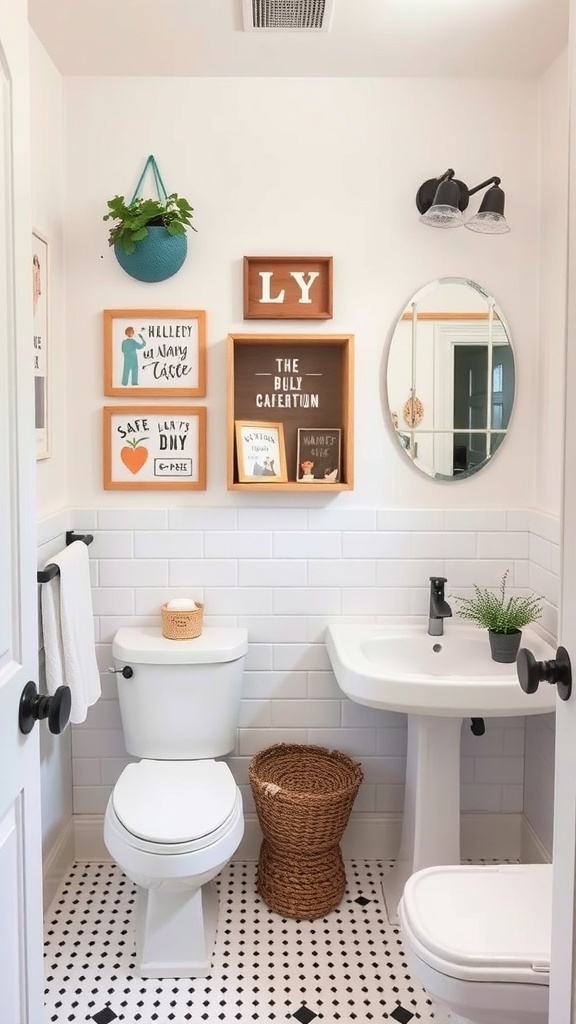 A stylish apartment bathroom featuring framed wall art, a hanging plant, and a woven basket.
