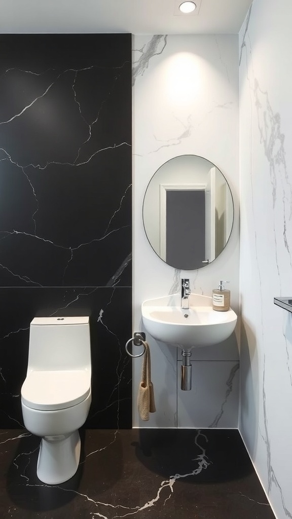 A modern black and white bathroom featuring contrasting textures with a black marble wall and white sink.
