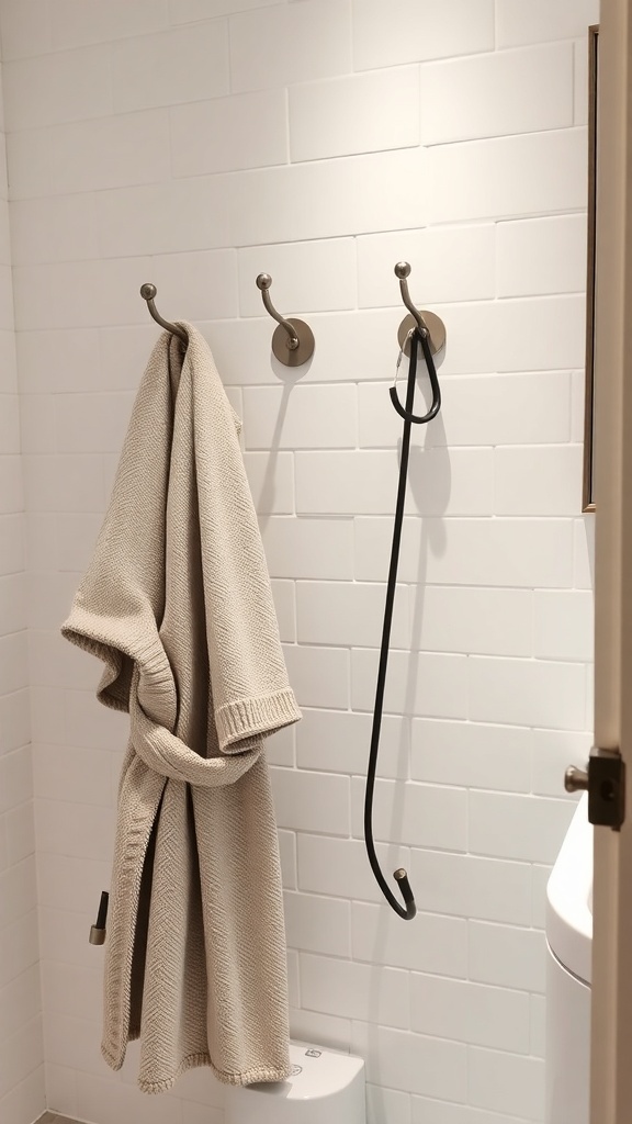 Two stylish hooks on a bathroom wall, one holding a beige robe.