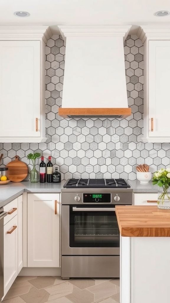 Stylish kitchen with hexagonal tile backsplash and white cabinets