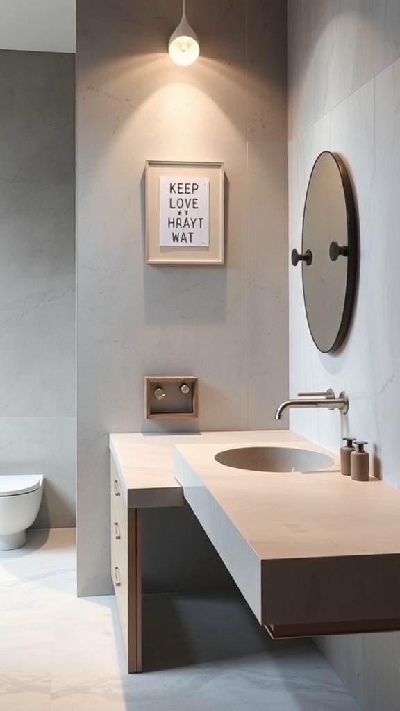A minimalist bathroom featuring a concrete vanity, round mirror, and soft lighting