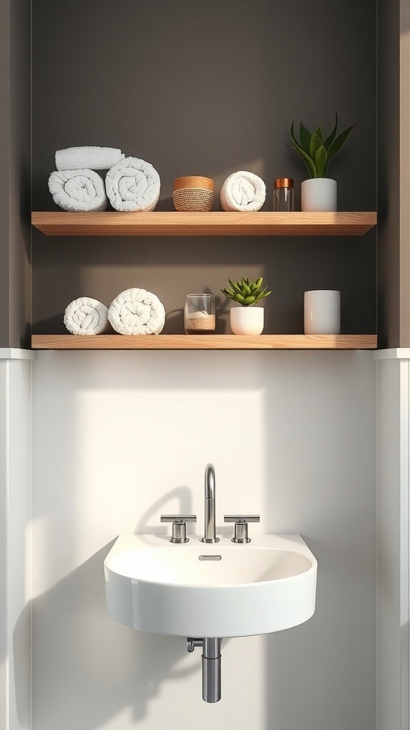 Stylish floating shelves in a bathroom with rolled towels and plants.
