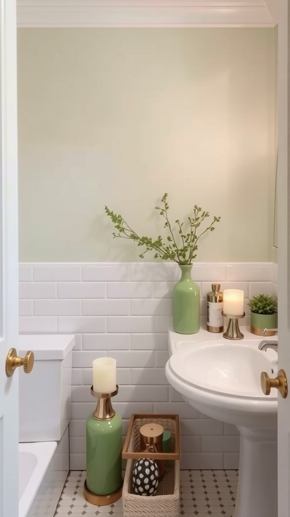 A stylish bathroom featuring sage green decorative accents, including vases and candle holders, with a serene atmosphere.