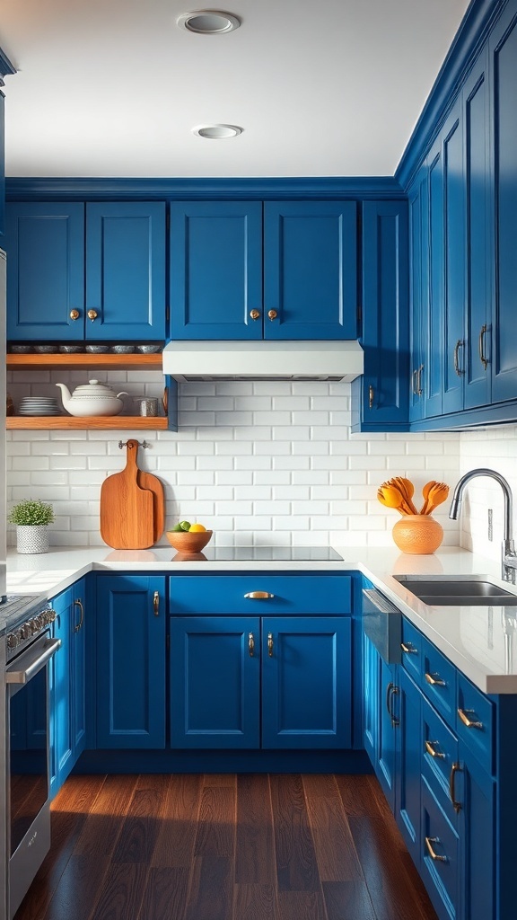 Stylish kitchen featuring cobalt blue cabinets, white subway tile backsplash, and warm wood accents.