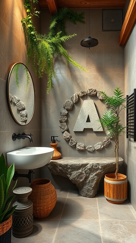 A nature-inspired bathroom featuring earthy tones, stone sink, plants, and wooden accents.