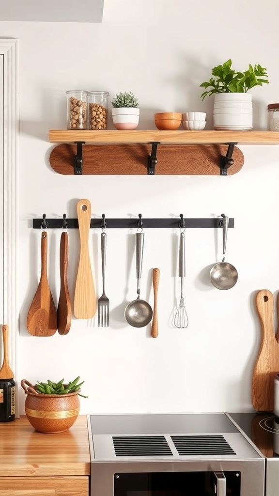 A stylish kitchen setup featuring wall hooks for utensils and a wooden shelf with plants and jars.