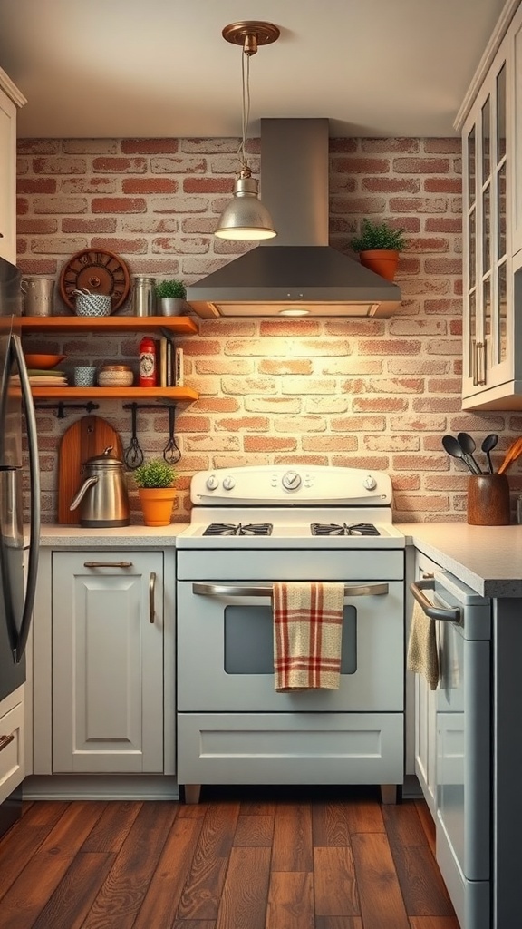 Cozy kitchen with vintage brick backsplash, white cabinets, and modern appliances
