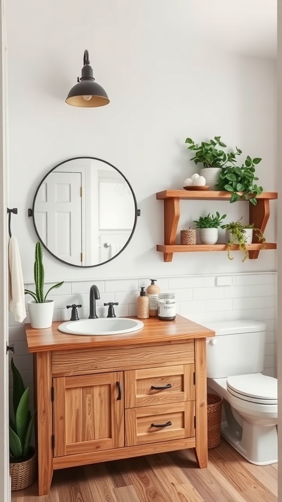 A modern farmhouse bathroom featuring a rustic wooden vanity, round mirror, and wooden shelves with plants.