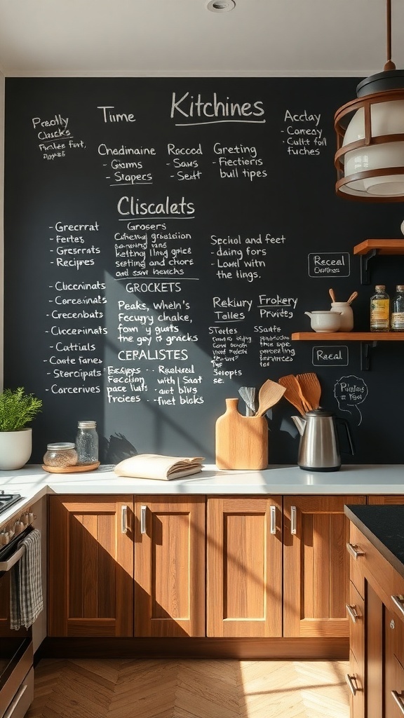 A chalkboard wall in a modern kitchen with notes and reminders
