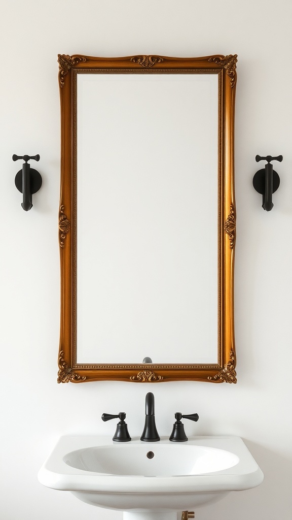 A stylish bathroom mirror with a golden frame above a white sink and black fixtures.