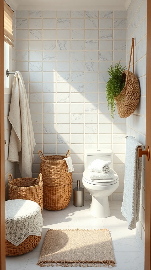 A serene bathroom featuring woven baskets, soft towels, and a hanging plant, showcasing textural contrast.