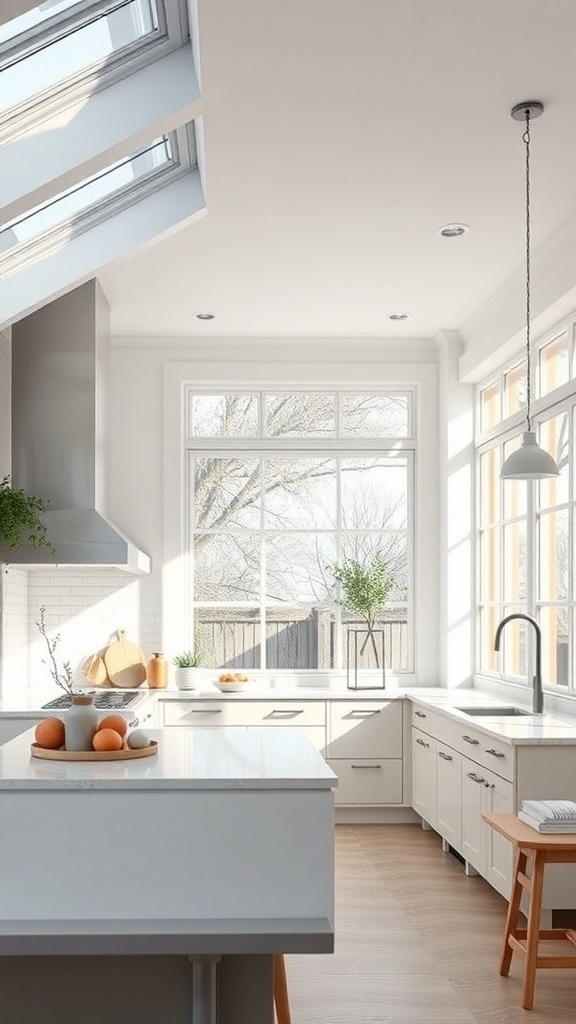 Bright and airy kitchen with large windows and light-colored decor.