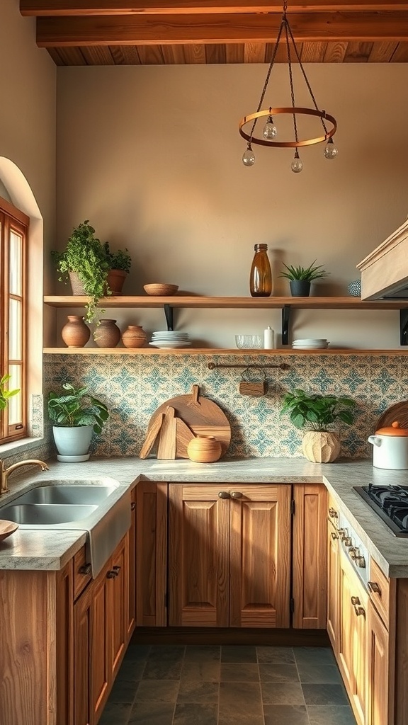 A cozy kitchen featuring artisan tile backsplash, wooden cabinetry, and natural decor elements.