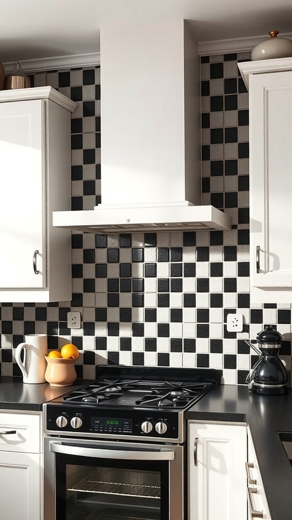 Black and white checkerboard kitchen backsplash with white cabinets and black countertops.