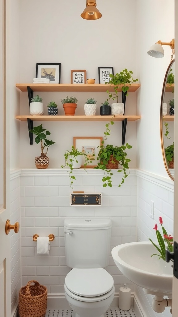 Stylish bathroom shelving with plants and framed art