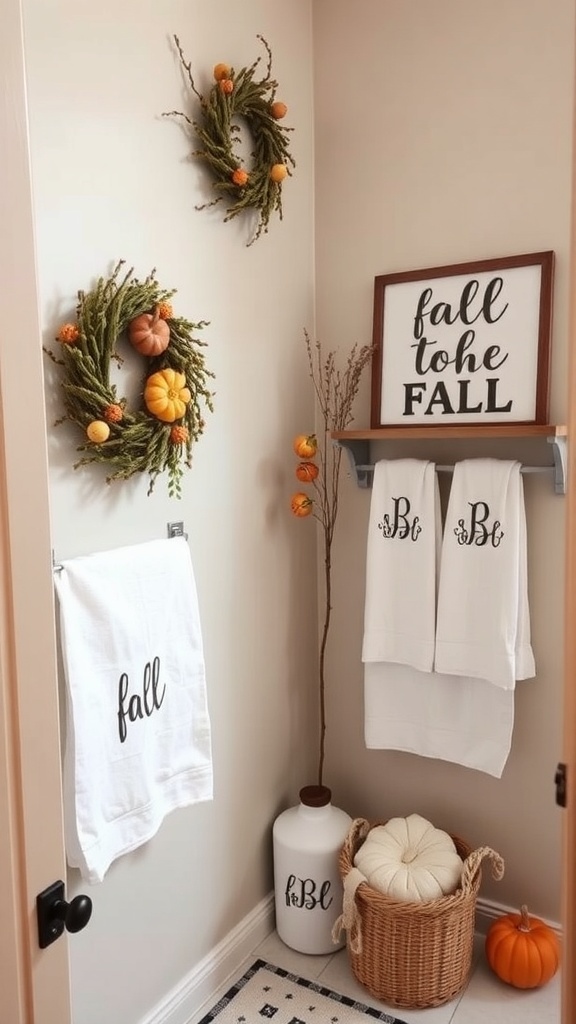 A cozy bathroom decorated for fall with wreaths, a sign, and themed towels.