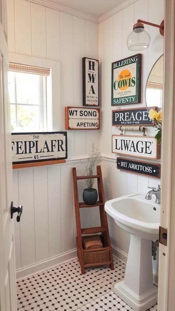 A bathroom decorated with vintage farmhouse signs on the wall, featuring a wooden ladder with a plant.