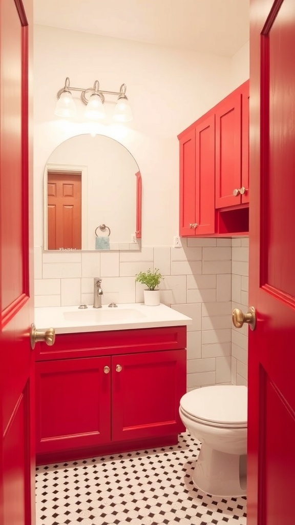 A small bathroom featuring bright red cabinets, white sink, and black-and-white tiled floor.