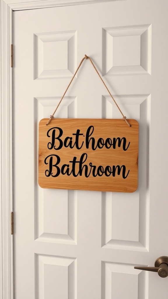 A wooden sign hanging on a bathroom door with the words 'Bat hoom Bathroom' written in a playful font.