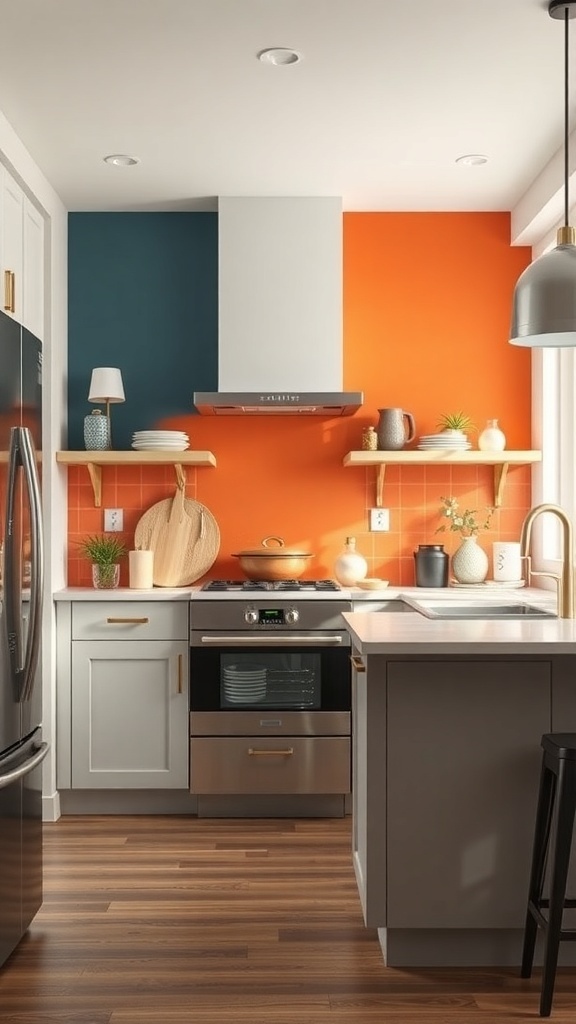 A modern kitchen with an orange and teal accent wall, featuring stylish decor and functional elements.