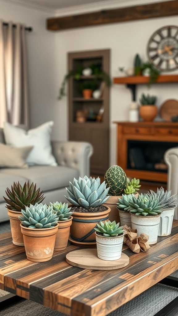 A cozy farmhouse living room with a wooden coffee table displaying various succulent plants in different pots.