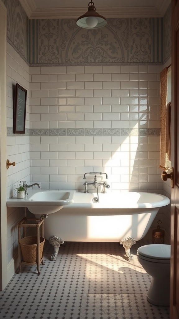 A vintage bathroom featuring a clawfoot tub, chrome faucets, patterned wallpaper, and a pendant light.