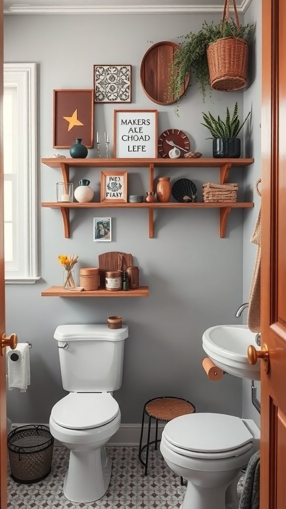 Artistic shelving in a bohemian bathroom with unique decor items and plants.