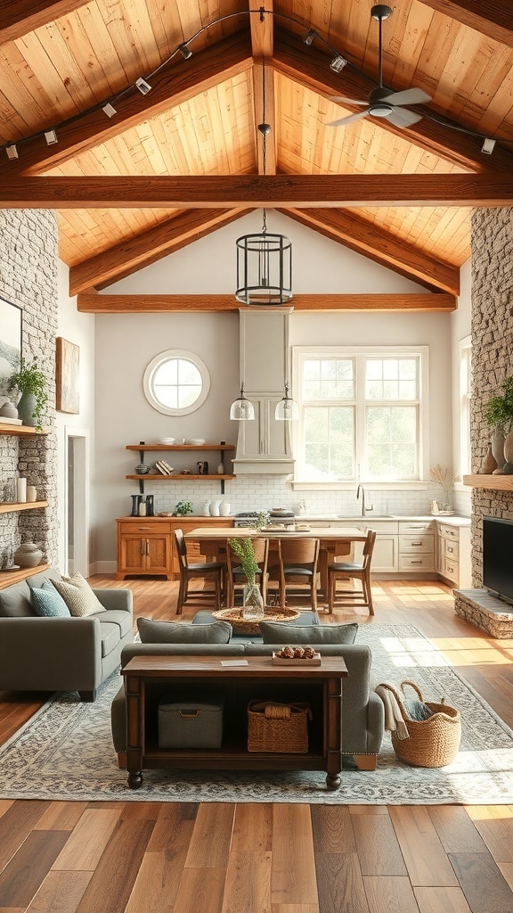 Stylish rustic kitchen and living room combo with wood beams and stone accents