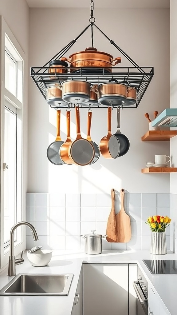 A small kitchen with a hanging pot rack displaying various pots and pans, bright natural light, and a modern minimalist design.