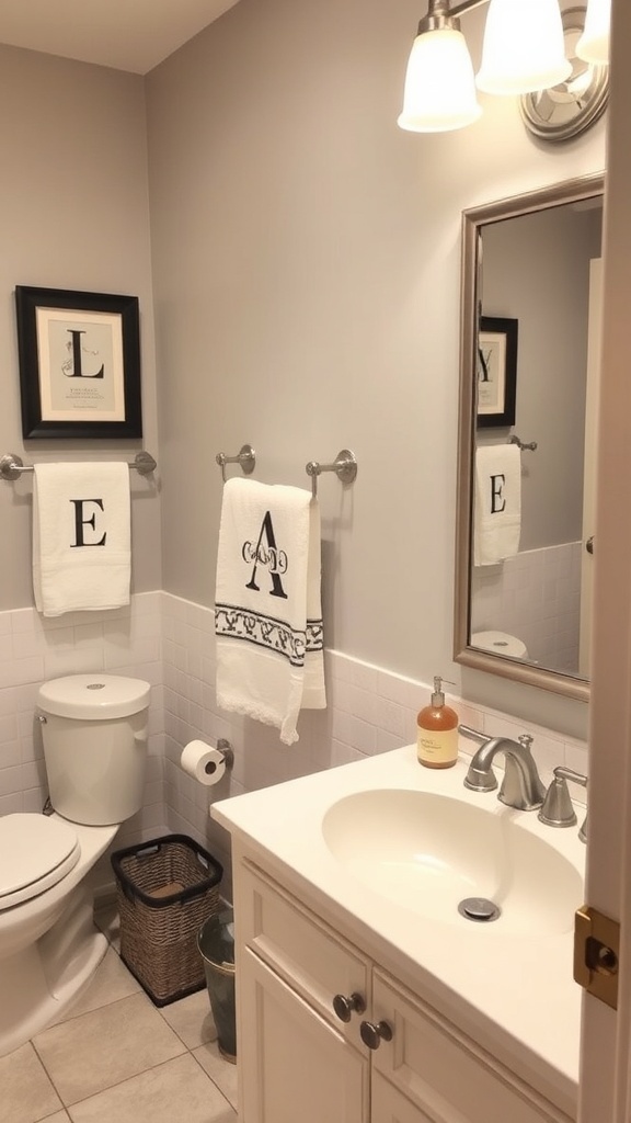 A stylish men's bathroom featuring monogrammed towels, framed letters, and simple accessories.