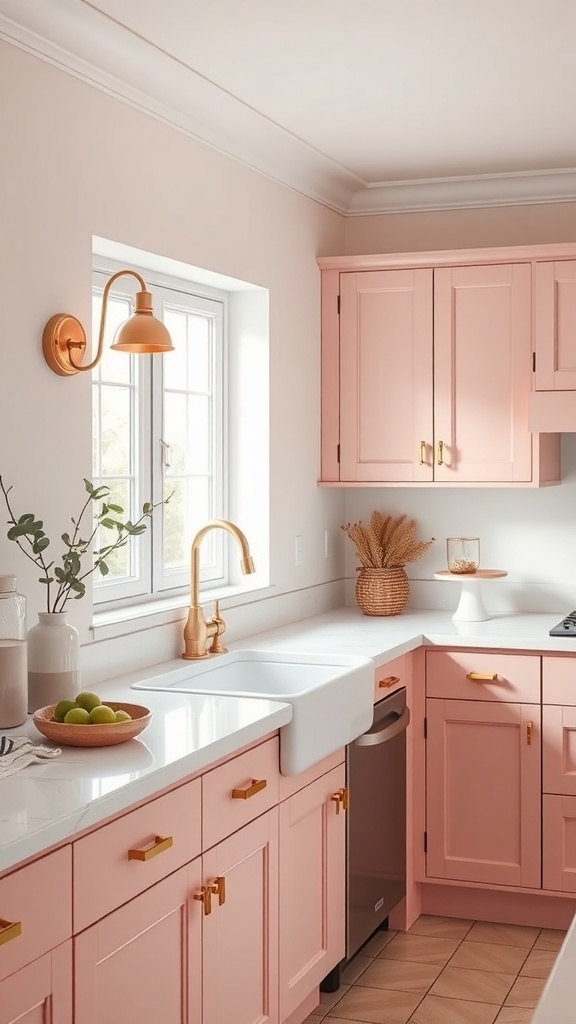 A cozy pink kitchen featuring pink cabinets and stylish wall sconces.