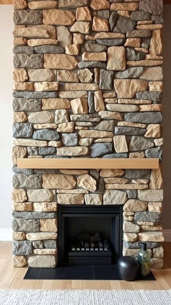 A stylish stone fireplace with a wooden mantel, showcasing a mix of light and dark stones.