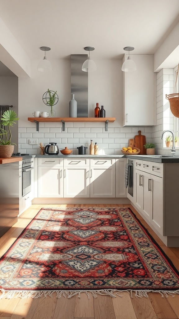 A modern kitchen featuring a bold area rug with intricate patterns, enhancing the decor and functionality of the space.
