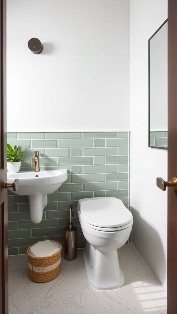 A bathroom featuring a sage green backsplash with white walls and fixtures.