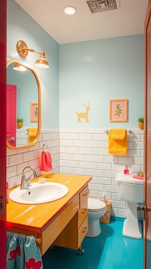 A vibrant bathroom featuring an orange laminate countertop, blue walls, and colorful decor.