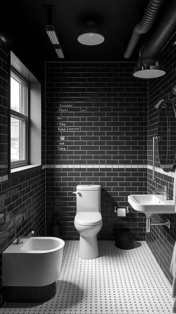 An industrial bathroom featuring black tiles, white fixtures, and exposed pipes.