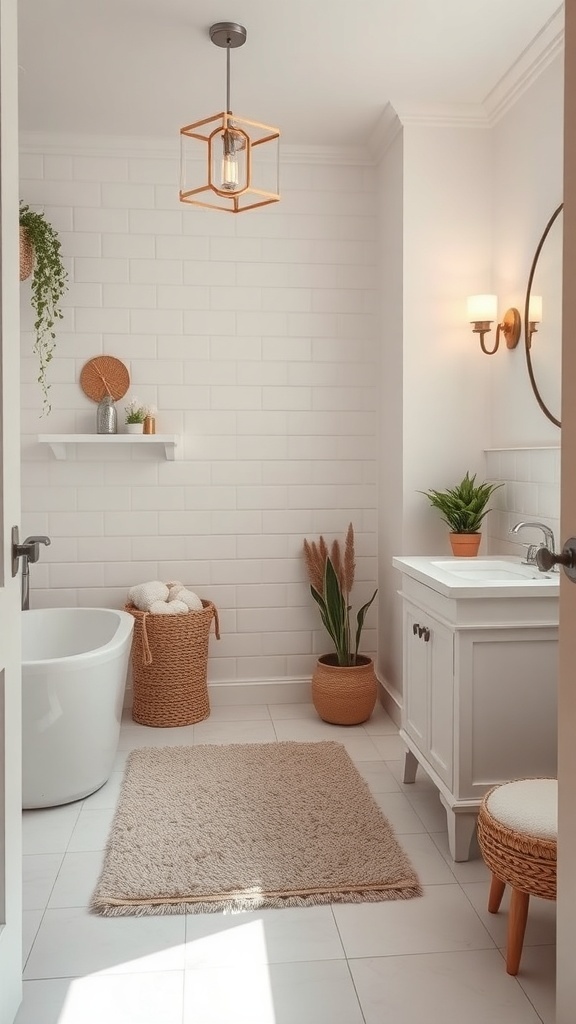 A stylish bathroom featuring a soft neutral bath mat, plants, and modern decor.