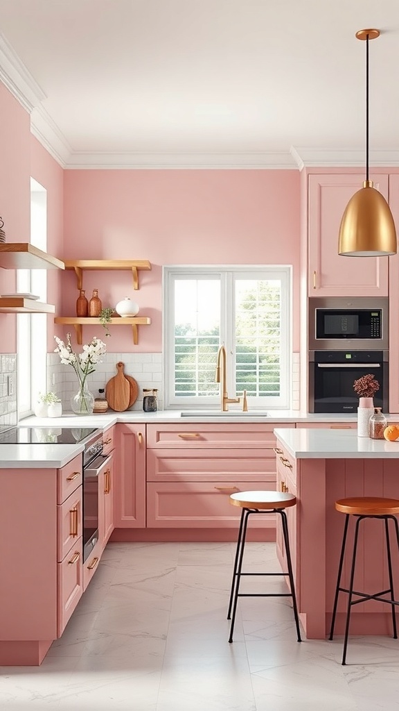 A modern pink kitchen featuring pink cabinets, a pink accent wall, and golden fixtures.