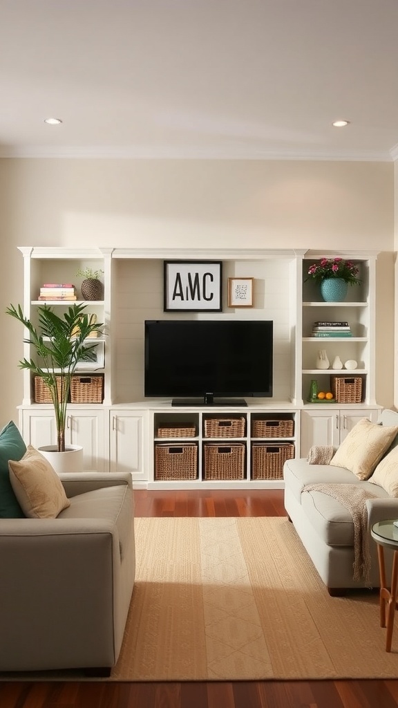 Stylish farmhouse family room with built-in storage and cozy decor