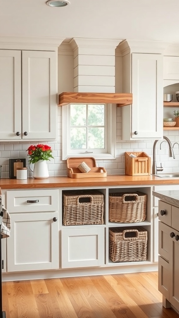A modern farmhouse kitchen featuring white cabinets, wooden accents, and woven baskets for storage.
