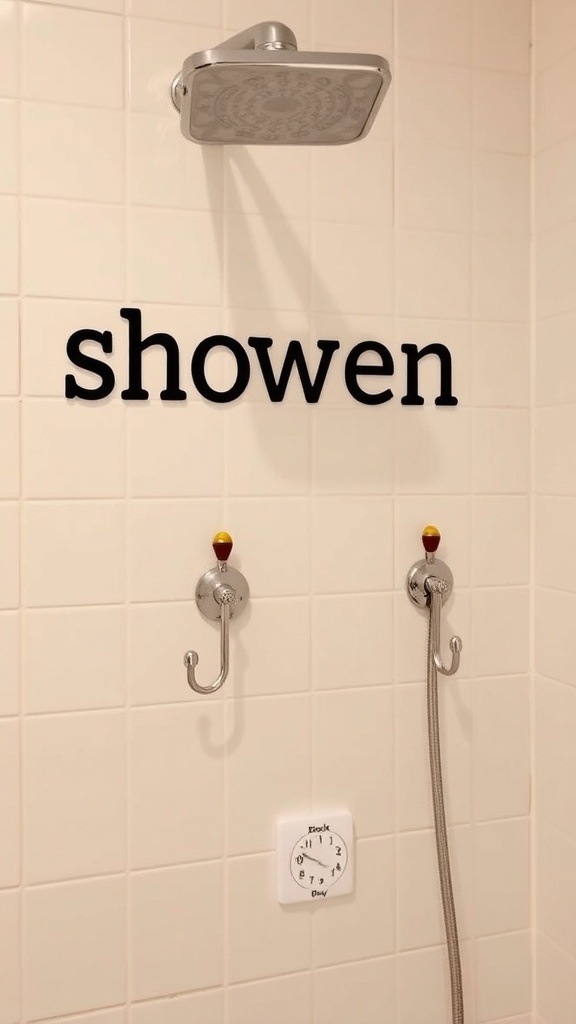 A shower with whimsical hooks and the word 'shown' on the wall.