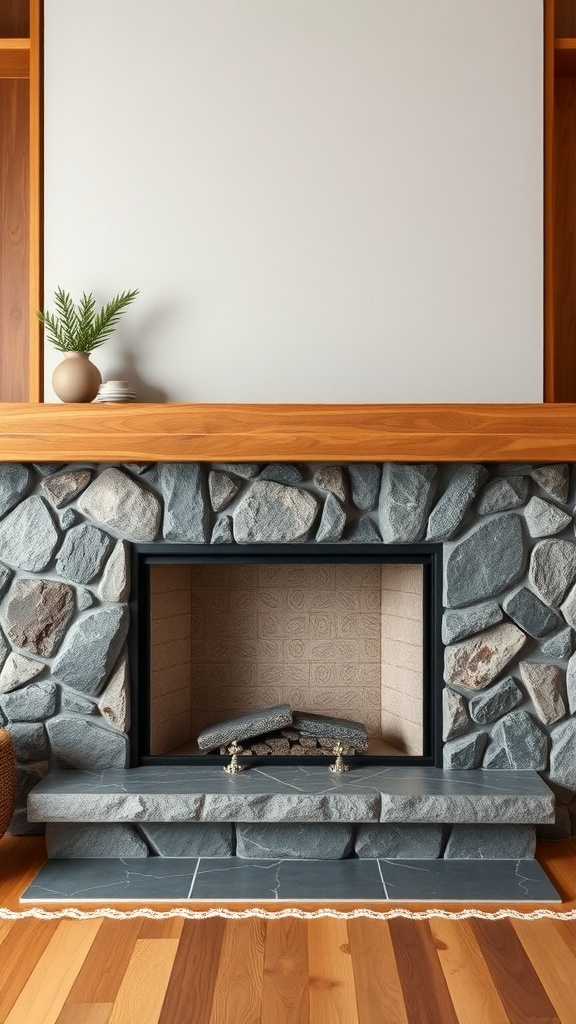 Mid-century modern fireplace with mixed materials, featuring stone and wood elements.