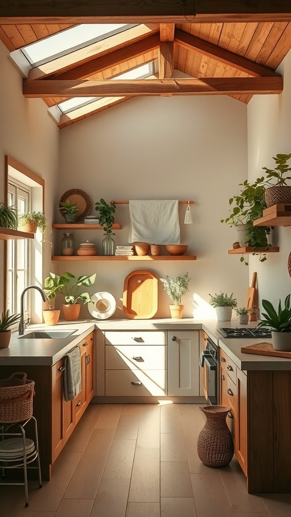 A bright and airy boho kitchen with wooden accents and plants