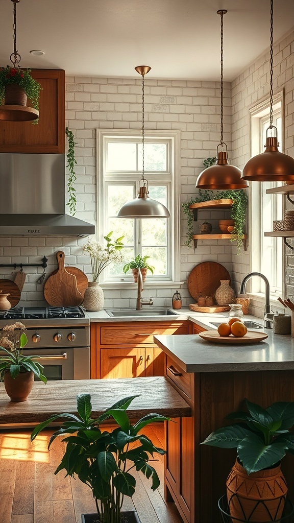 A warm boho kitchen featuring copper pendant lights, wooden cabinets, and plants.