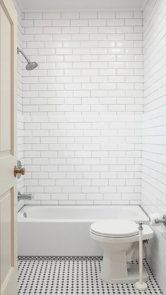 Modern farmhouse bathroom with classic white subway tiles and black and white patterned flooring.