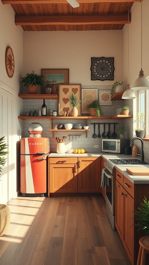 A cozy boho kitchen featuring a vintage red fridge, wooden cabinets, open shelving with plants and decor, and warm lighting.