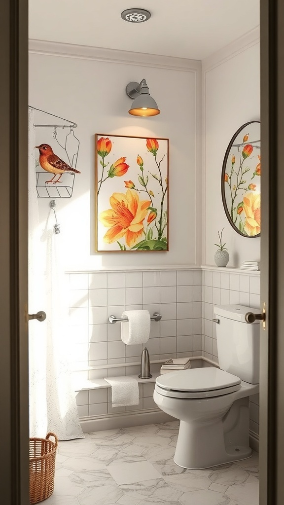 A bright bathroom featuring floral artwork and a bird illustration, creating a spring vibe.